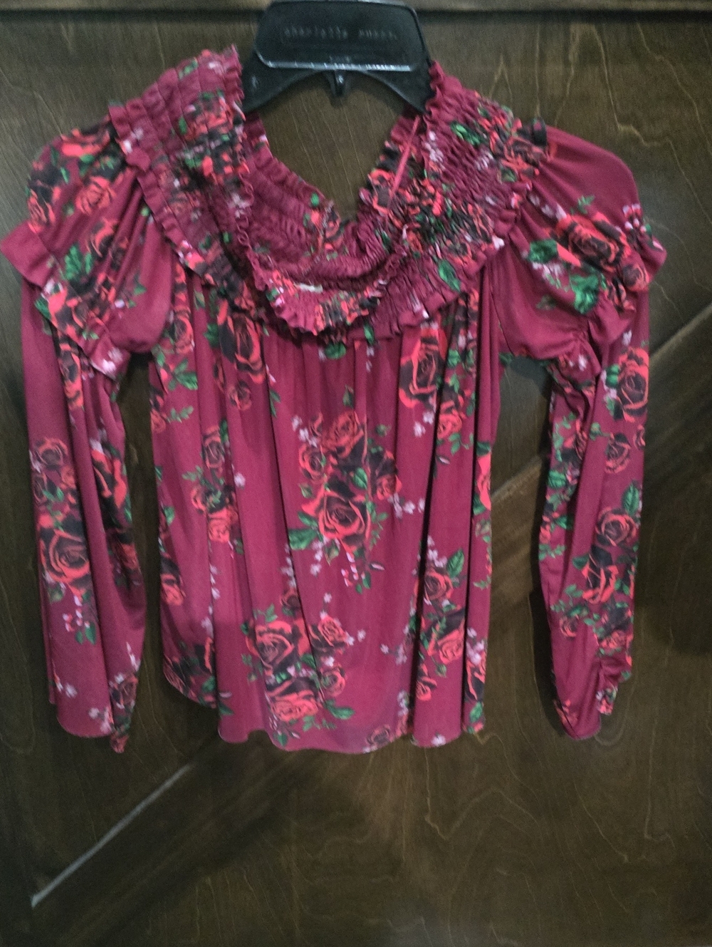 Altar'd State Burgundy Floral Ruffle-Smock Top